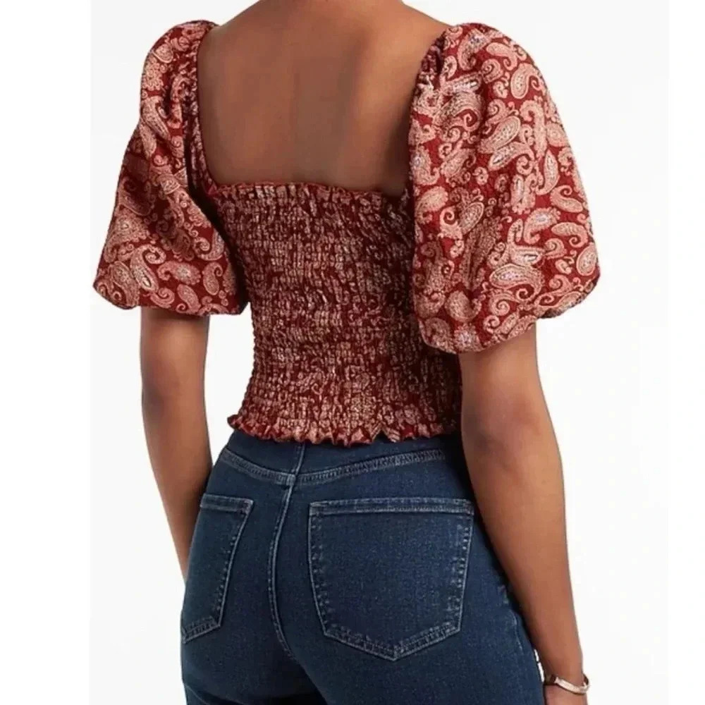 NWT Express Paisley Puff Sleeve Smocked Crop Top - Picture 2 of 11